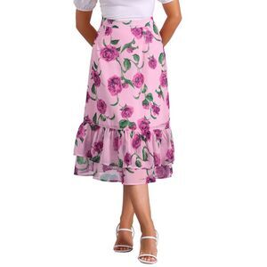Printed Chiffon Elastic Waist Ruffle Tiered Midi Skirt Pink Purple-Floral